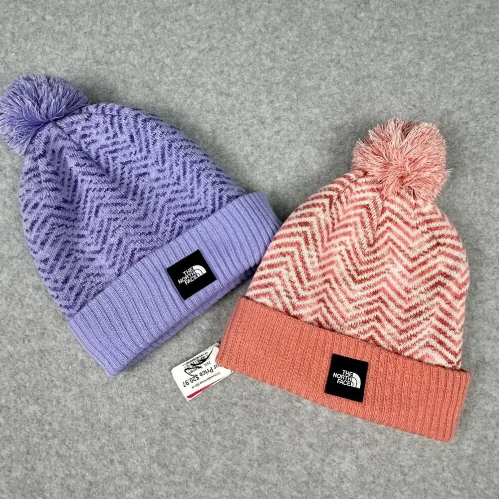 The North Face (2) Chevron Pom Beanie Youth Junior OS Pastel EUC Purple Pink
